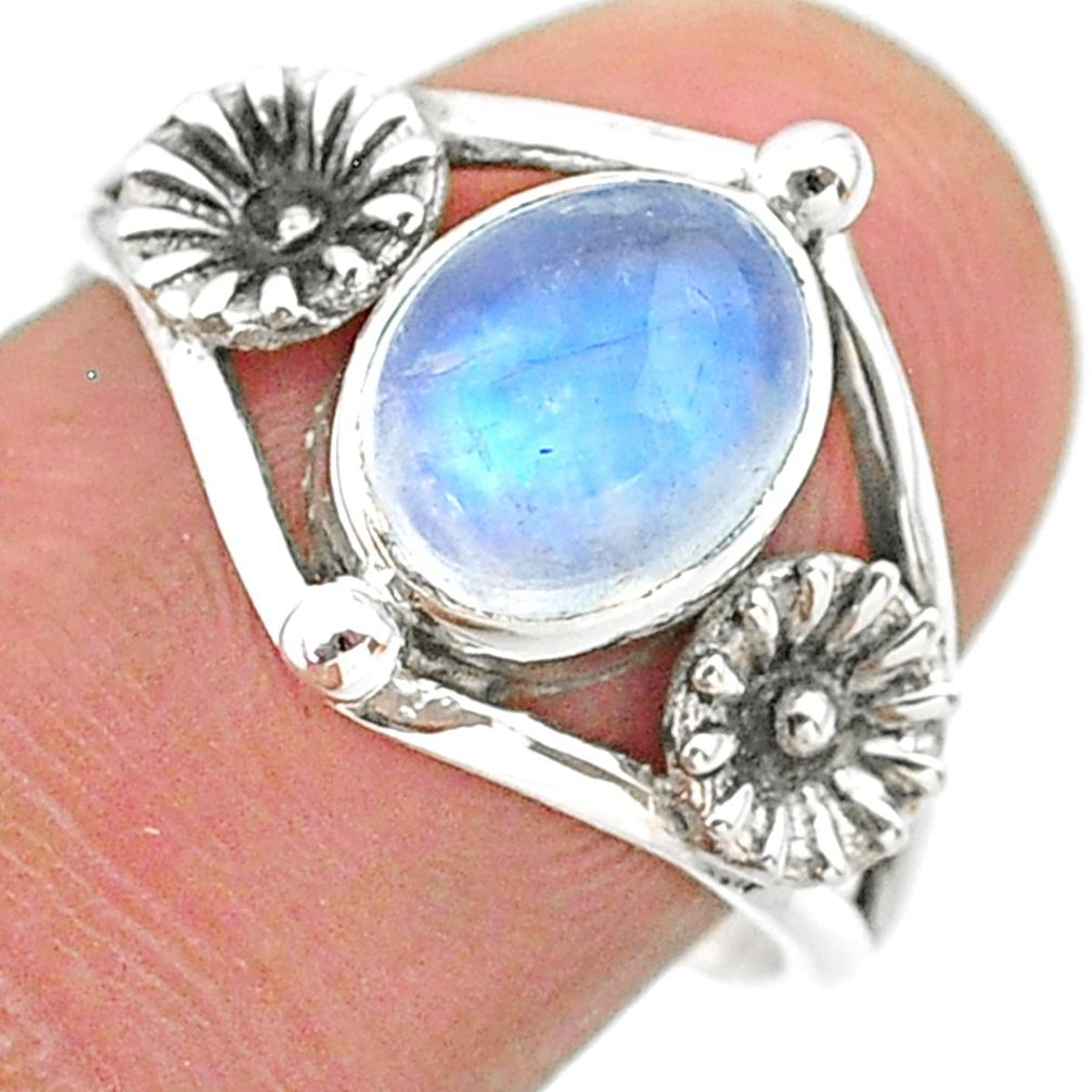 3.29cts solitaire natural rainbow moonstone 925 silver flower ring size 8 t25153