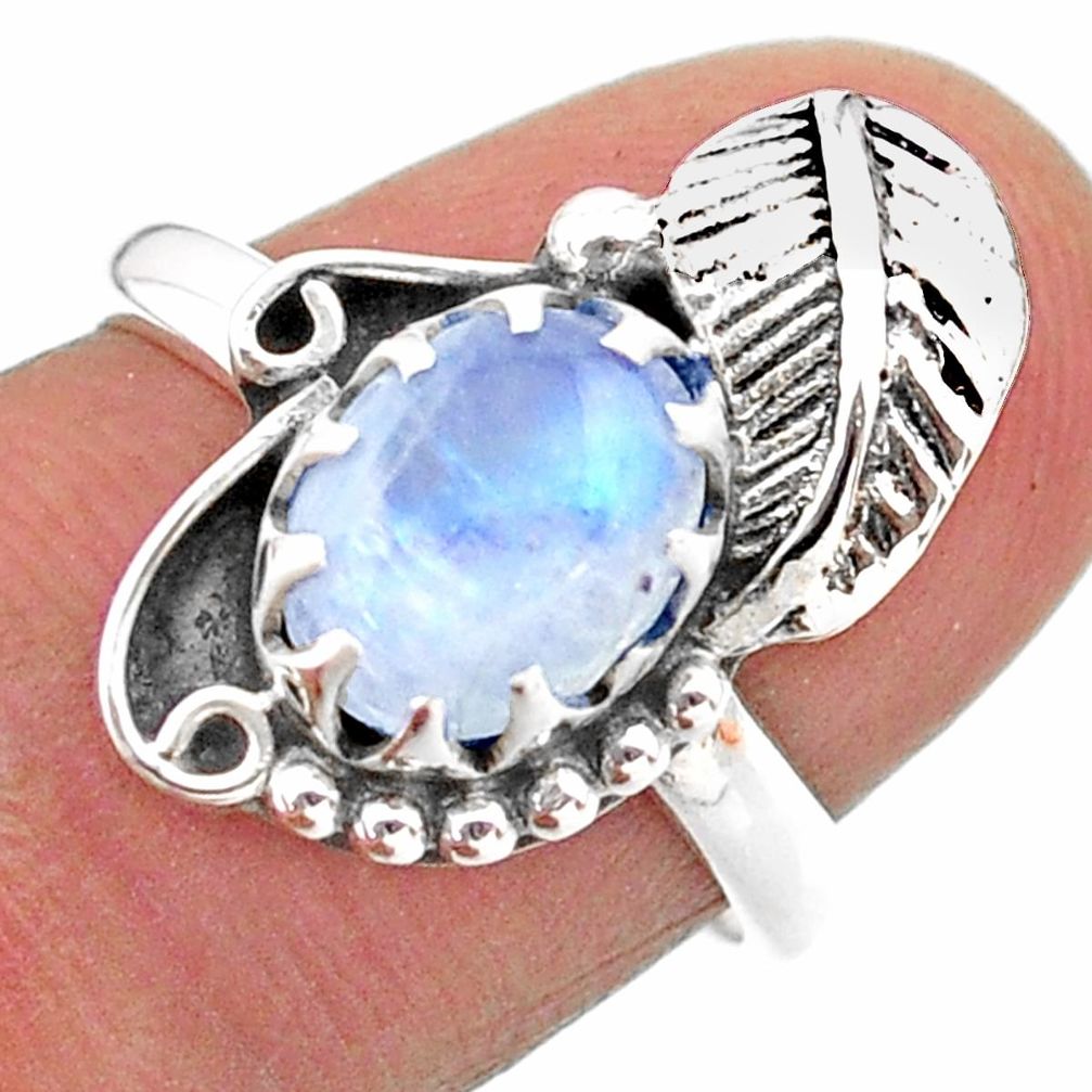 3.13cts solitaire natural rainbow moonstone 925 silver leaf ring size 7 t25173