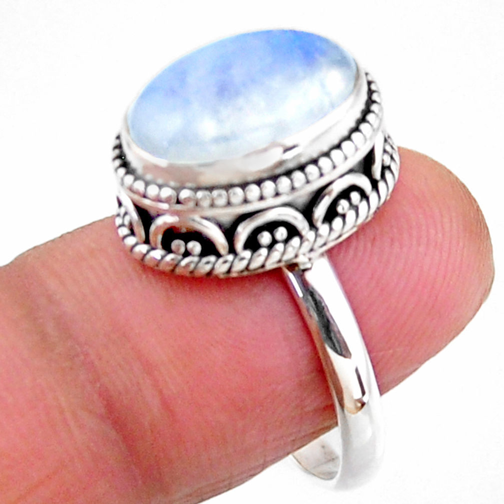 5.75cts solitaire natural rainbow moonstone 925 silver ring size 7.5 r51400