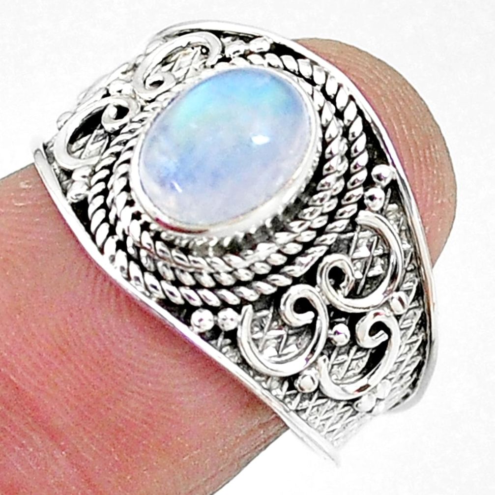 2.19cts solitaire natural rainbow moonstone 925 silver ring size 7.5 t10065
