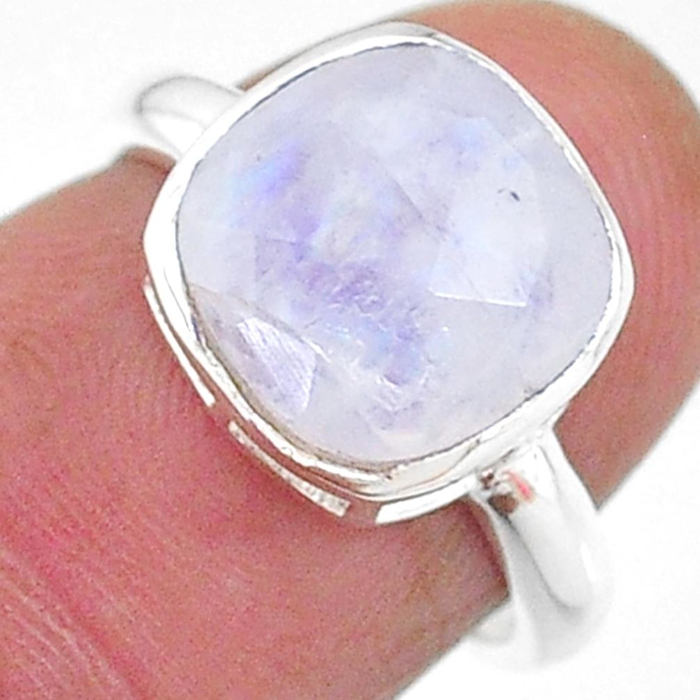 4.87cts solitaire natural rainbow moonstone cushion silver ring size 6 t11336