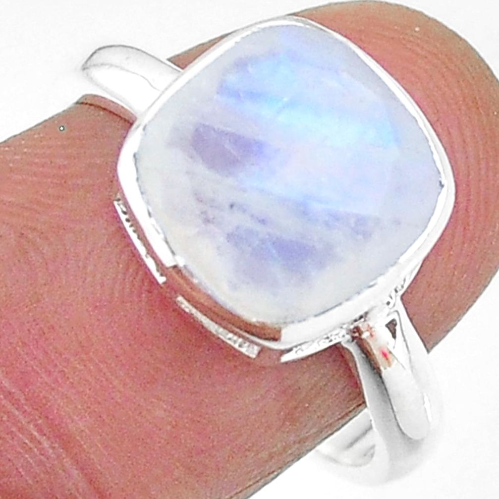 5.76cts solitaire natural rainbow moonstone cushion silver ring size 8 t11339