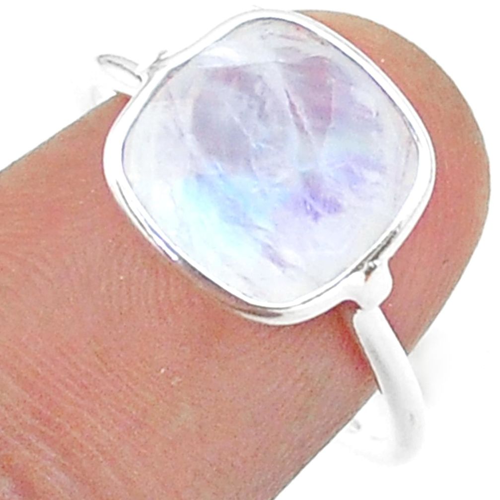 5.08cts solitaire natural rainbow moonstone cushion silver ring size 8 t50758