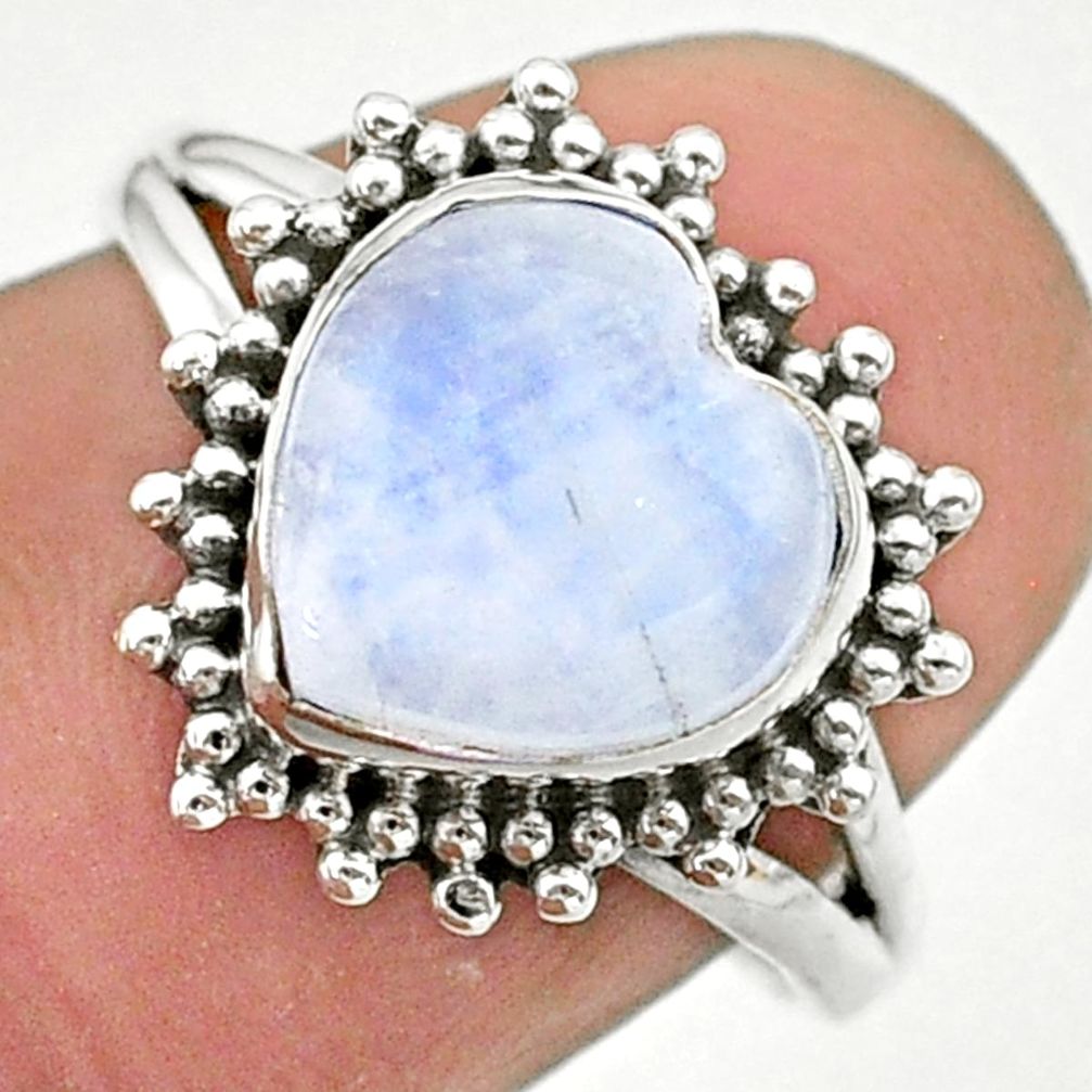 5.11cts solitaire natural rainbow moonstone heart silver ring size 7.5 t41620