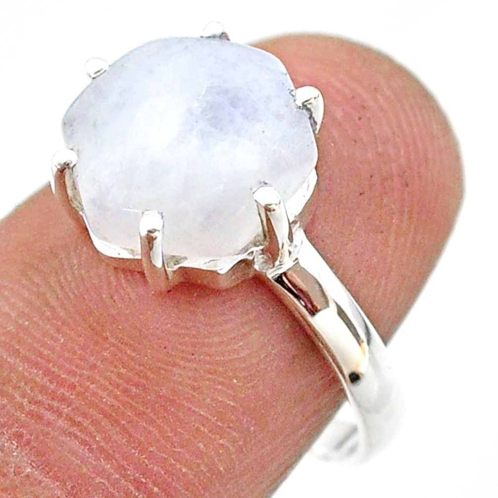 4.98cts solitaire natural rainbow moonstone hexagon silver ring size 7 t43050