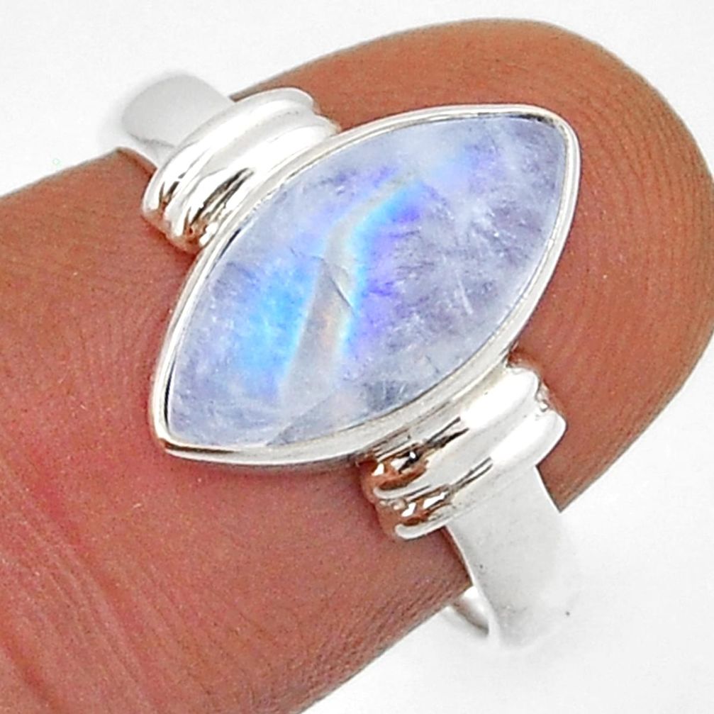 6.36cts solitaire natural rainbow moonstone marquise silver ring size 7.5 n42942