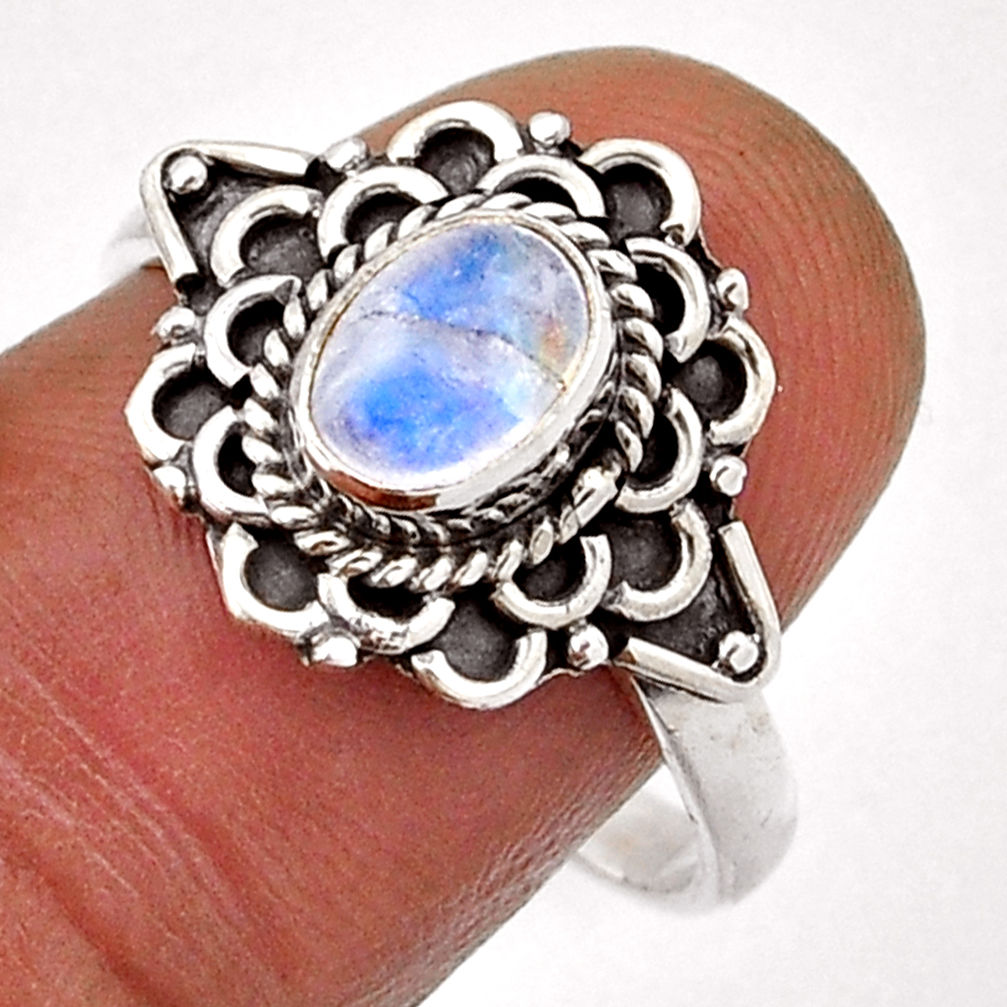1.72cts solitaire natural rainbow moonstone oval 925 silver ring size 8.5 n43059