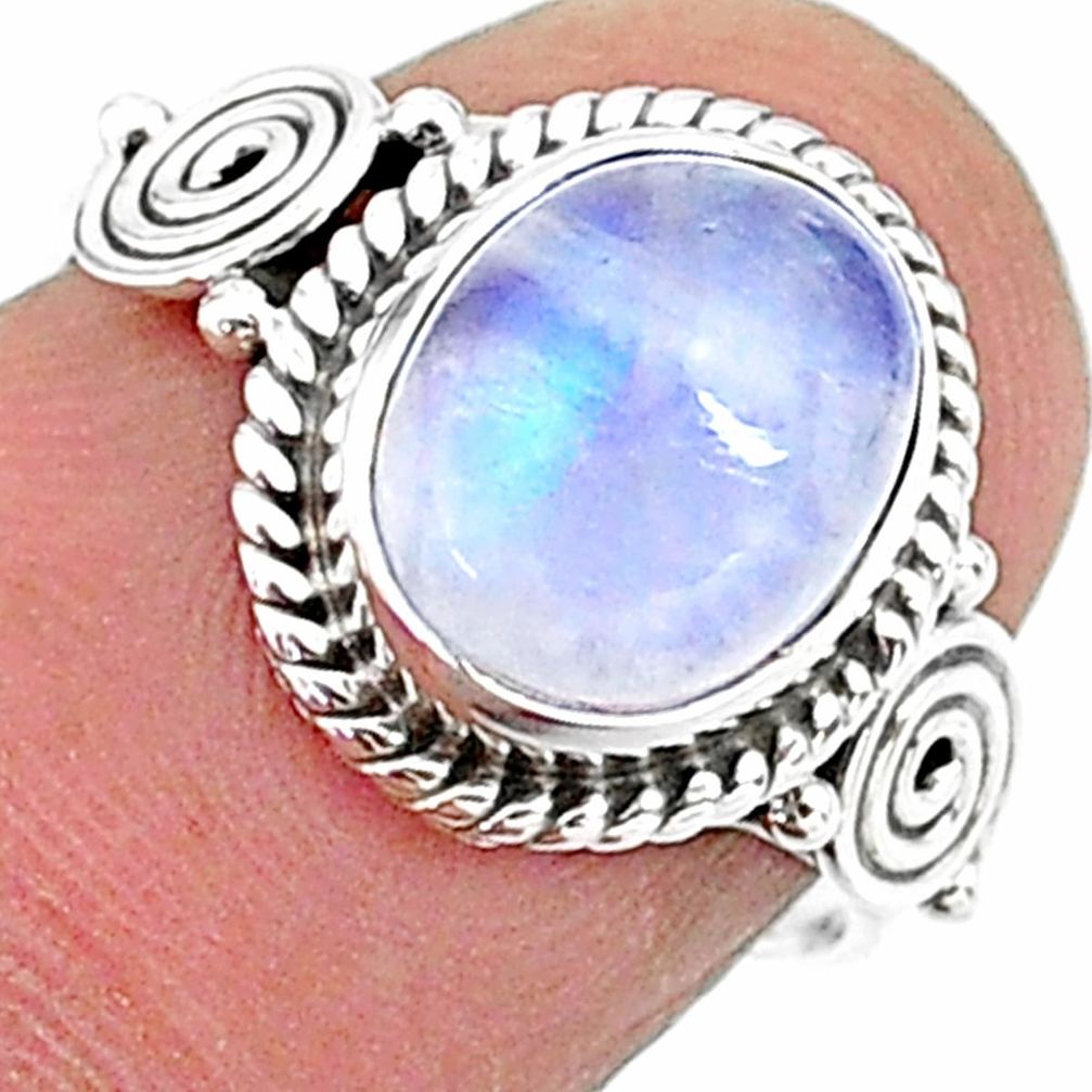 3.98cts solitaire natural rainbow moonstone oval 925 silver ring size 6.5 t15795