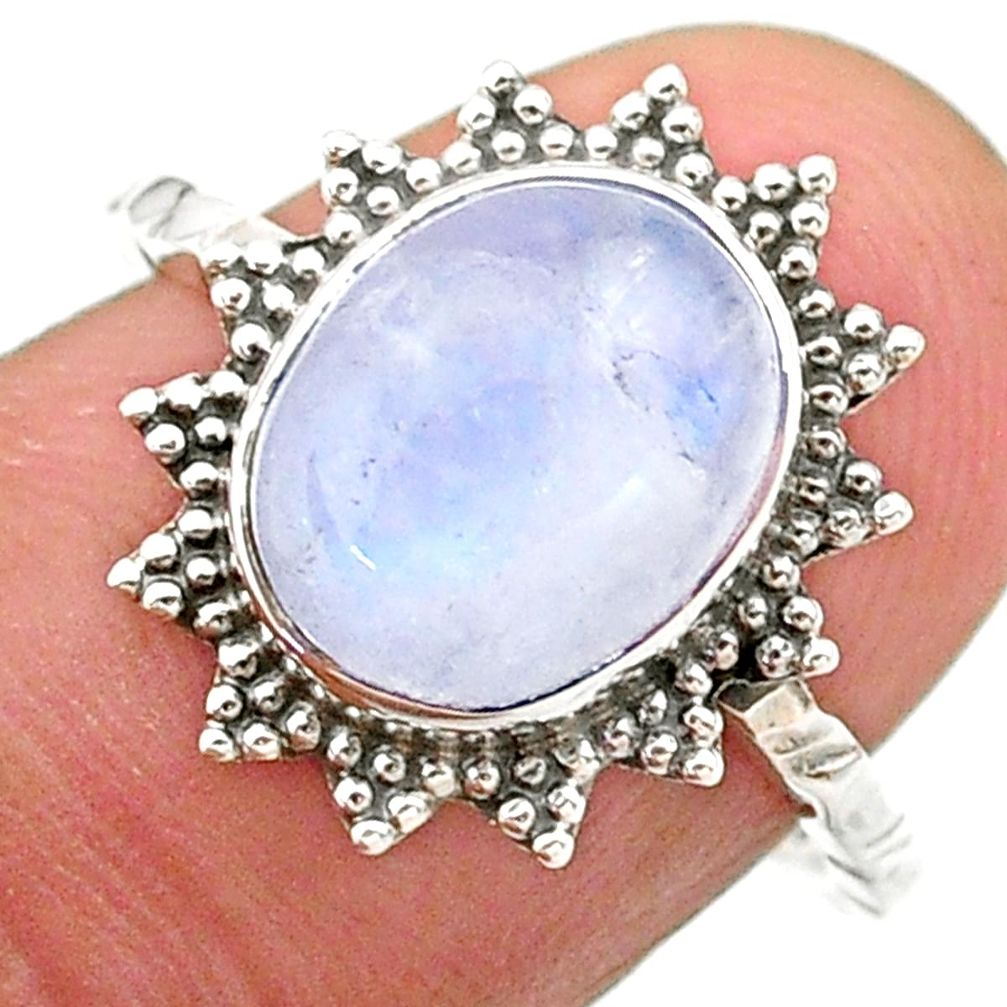 3.98cts solitaire natural rainbow moonstone oval 925 silver ring size 7.5 t25340