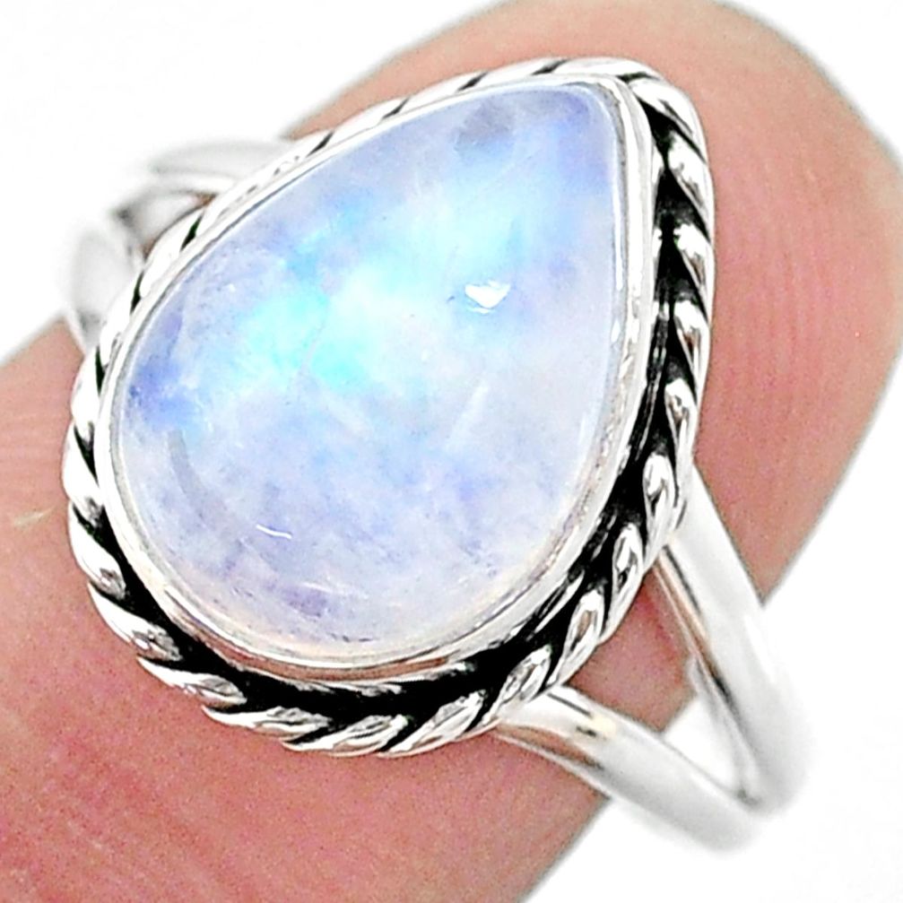 6.30cts solitaire natural rainbow moonstone pear 925 silver ring size 9 t23816