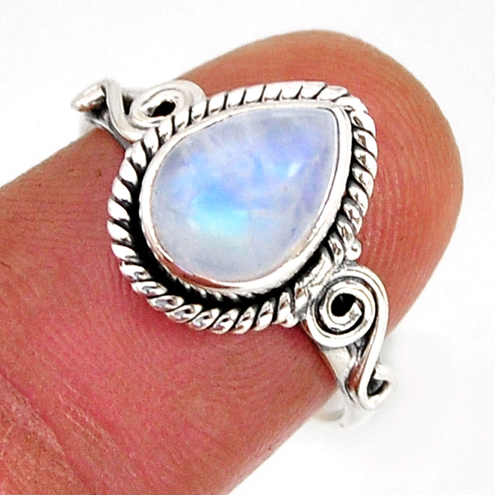 2.11cts solitaire natural rainbow moonstone pear 925 silver ring size 7.5 y75017