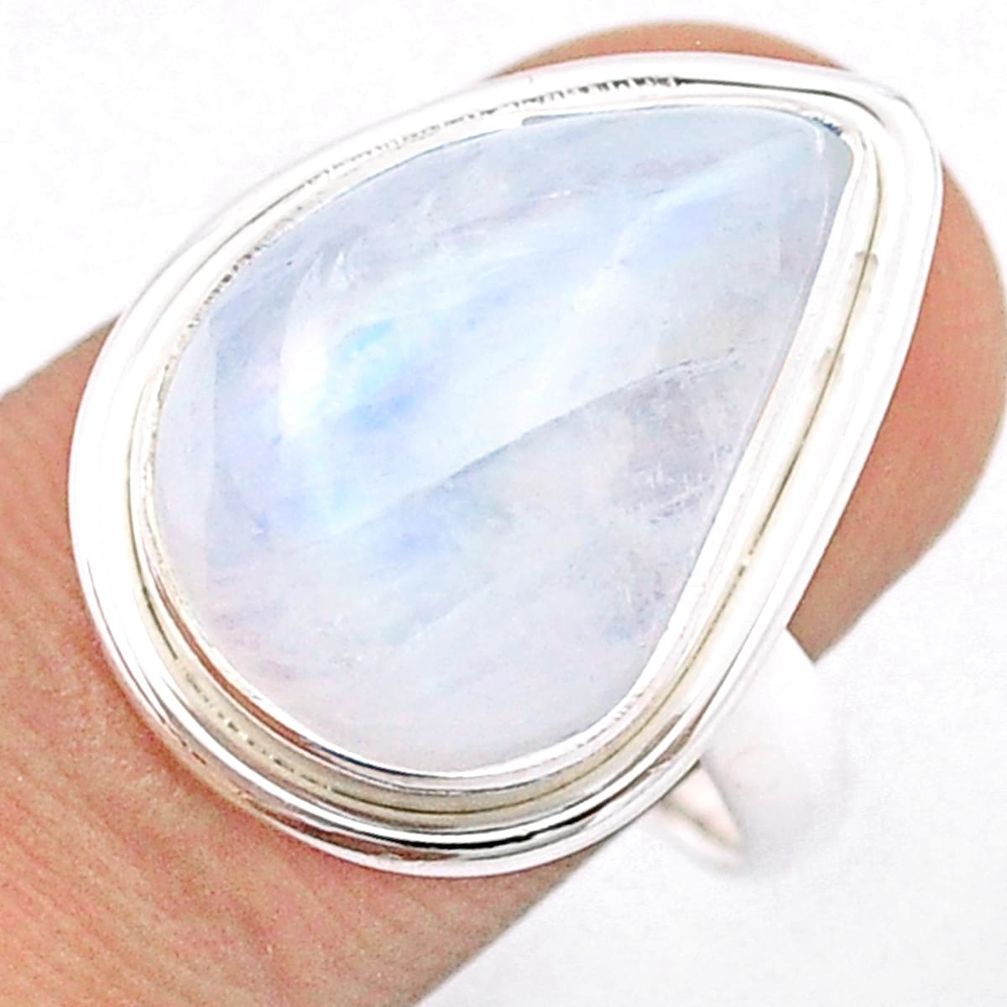 13.63cts solitaire natural rainbow moonstone pear silver ring size 8.5 u16957