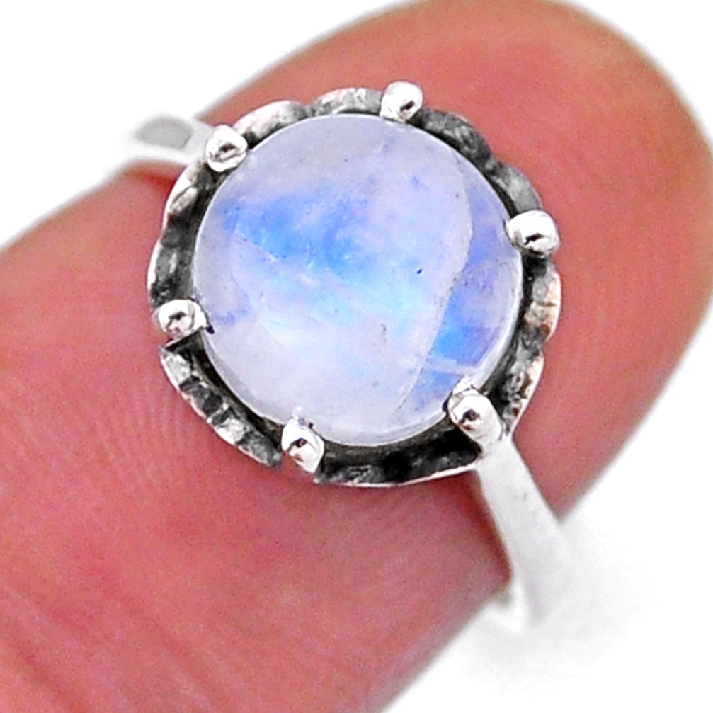 4.58cts solitaire natural rainbow moonstone round 925 silver ring size 6 n54255
