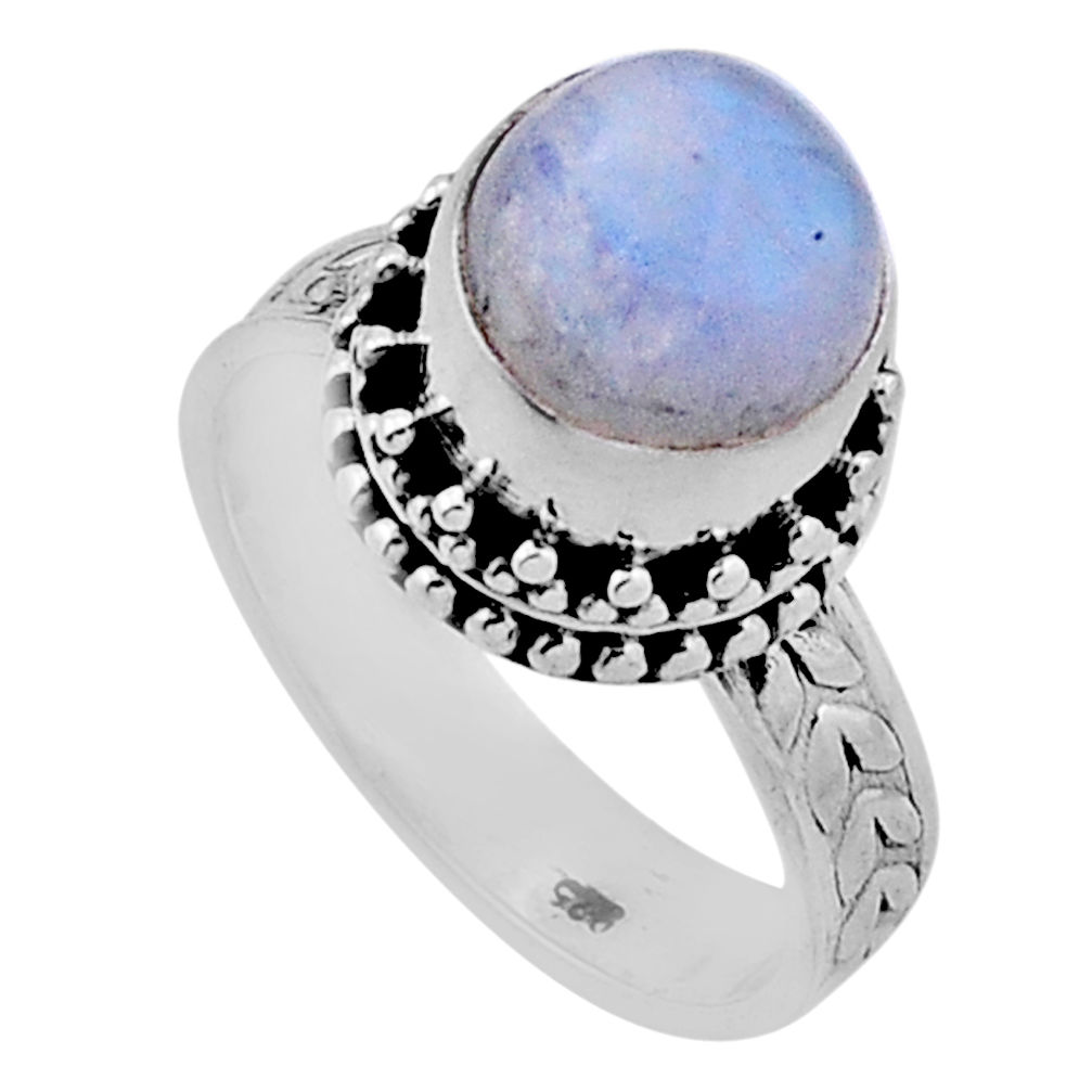 5.25cts solitaire natural rainbow moonstone round 925 silver ring size 7 n46394