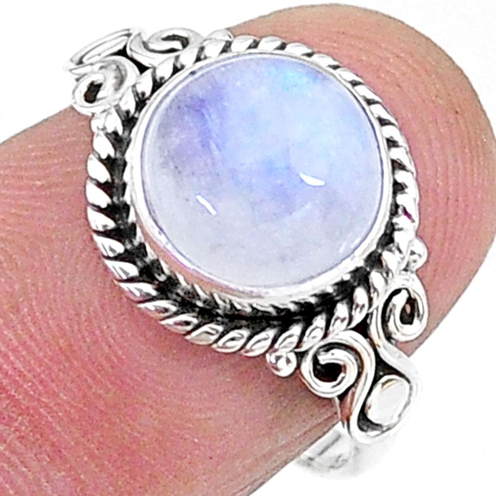 4.18cts solitaire natural rainbow moonstone round silver ring size 6.5 t15838