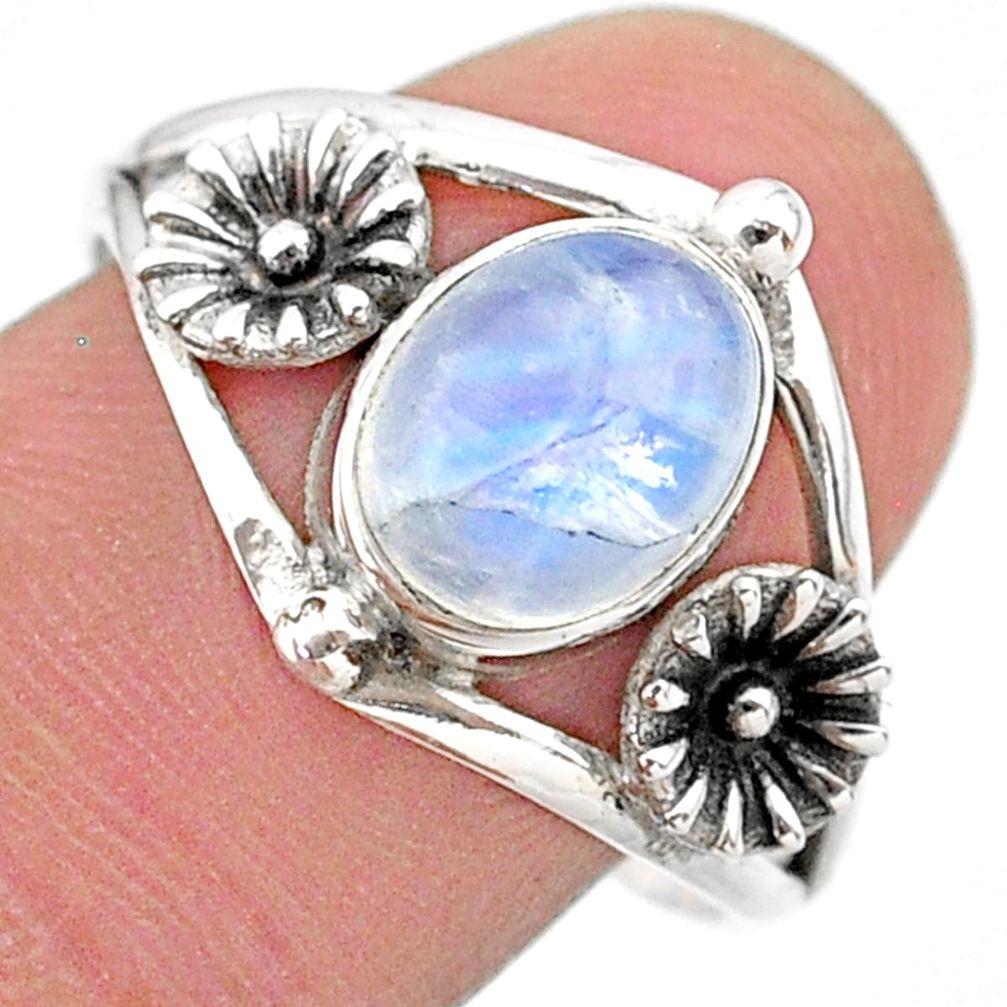 3.31cts solitaire natural rainbow moonstone silver flower ring size 9.5 t25132