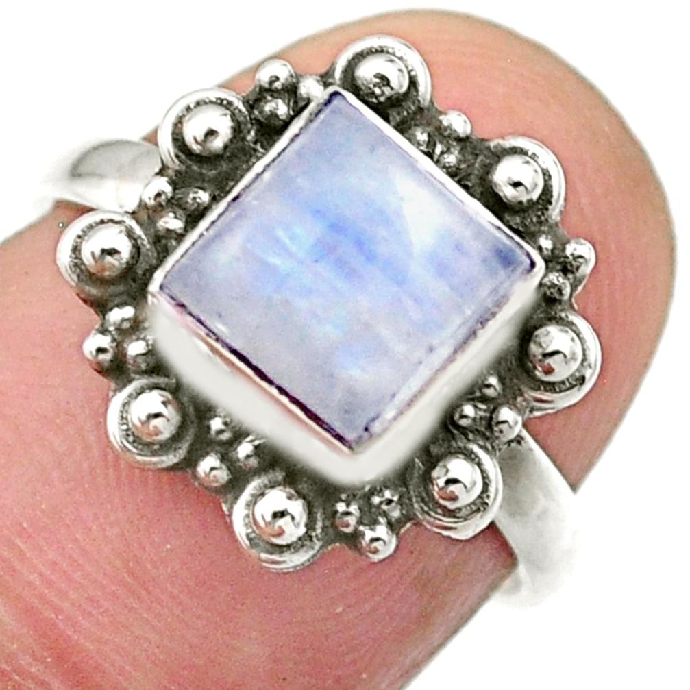 2.39cts solitaire natural rainbow moonstone square silver ring size 6.5 u13117