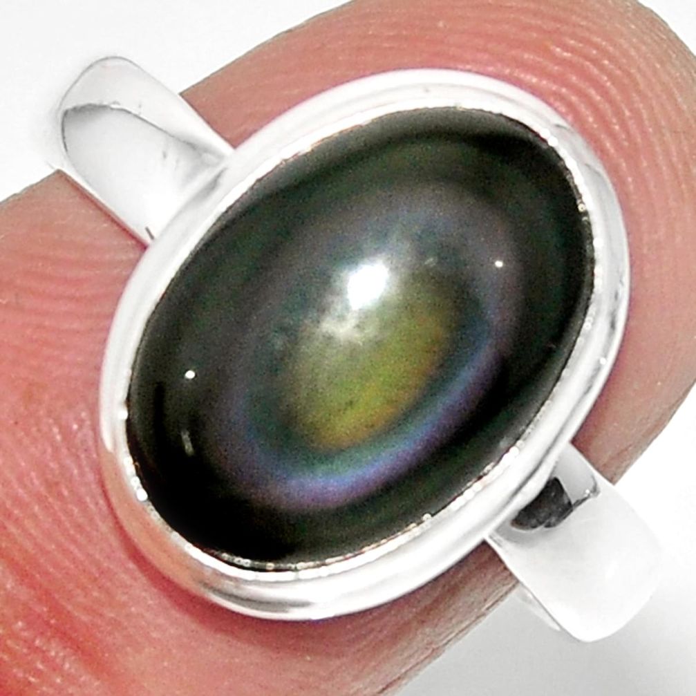 6.39cts solitaire natural rainbow obsidian eye 925 silver ring size 8.5 r51332