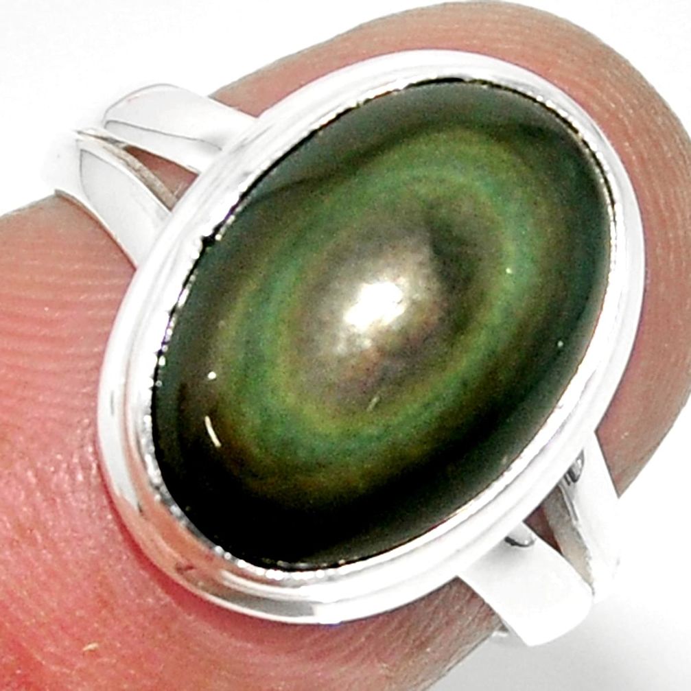 6.39cts solitaire natural rainbow obsidian eye 925 silver ring size 5.5 r51339