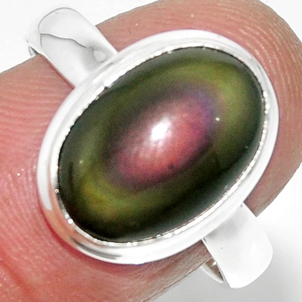 6.39cts solitaire natural rainbow obsidian eye 925 silver ring size 8.5 r51345
