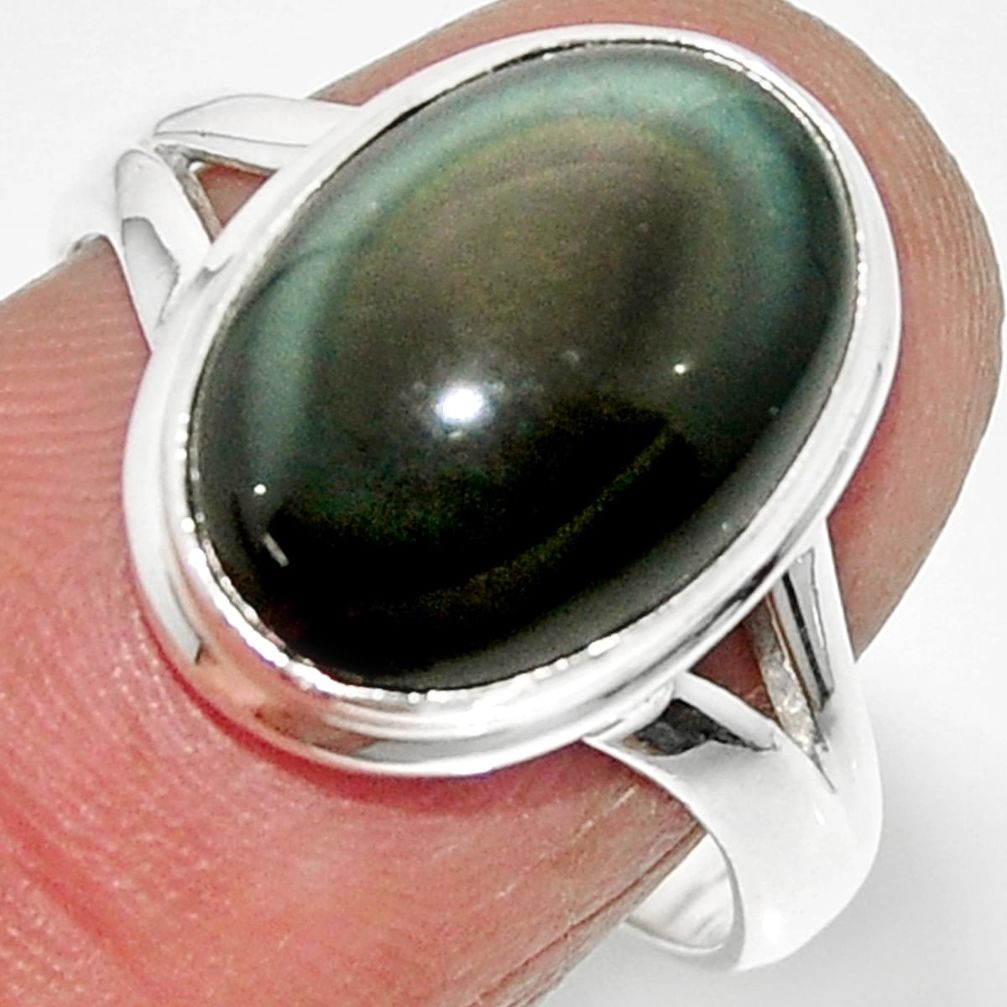 6.70cts solitaire natural rainbow obsidian eye 925 silver ring size 7.5 r51346