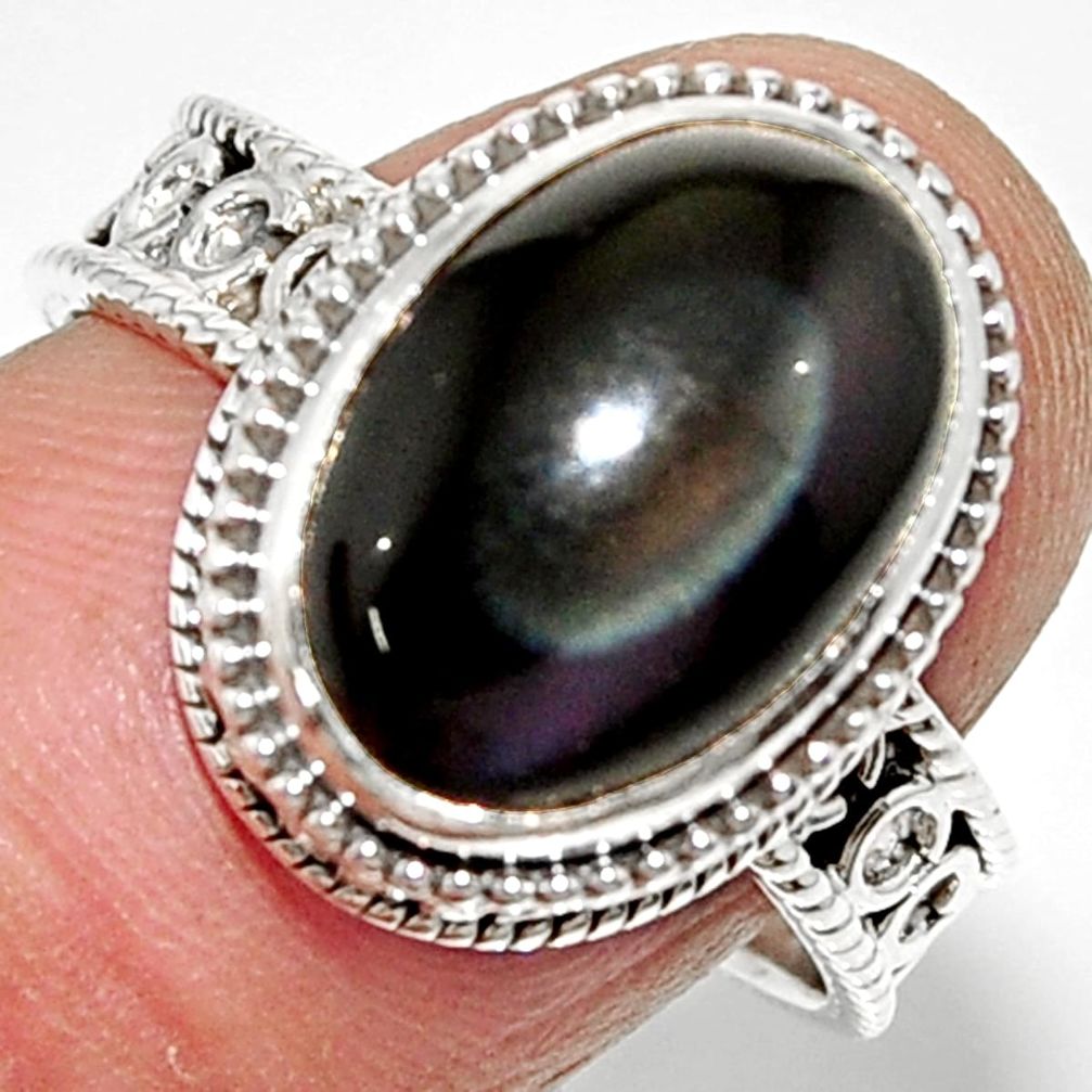 6.56cts solitaire natural rainbow obsidian eye 925 silver ring size 8.5 r52002