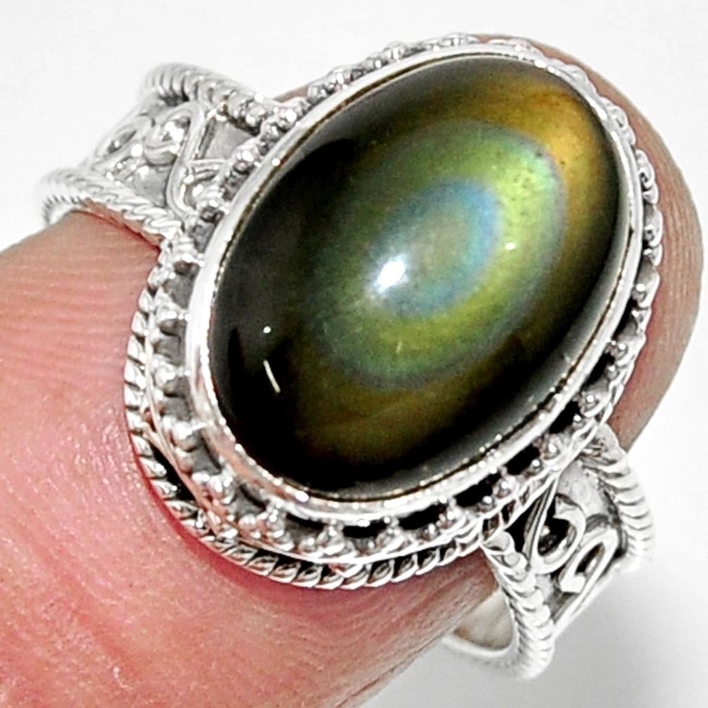 6.57cts solitaire natural rainbow obsidian eye 925 silver ring size 7.5 r52013