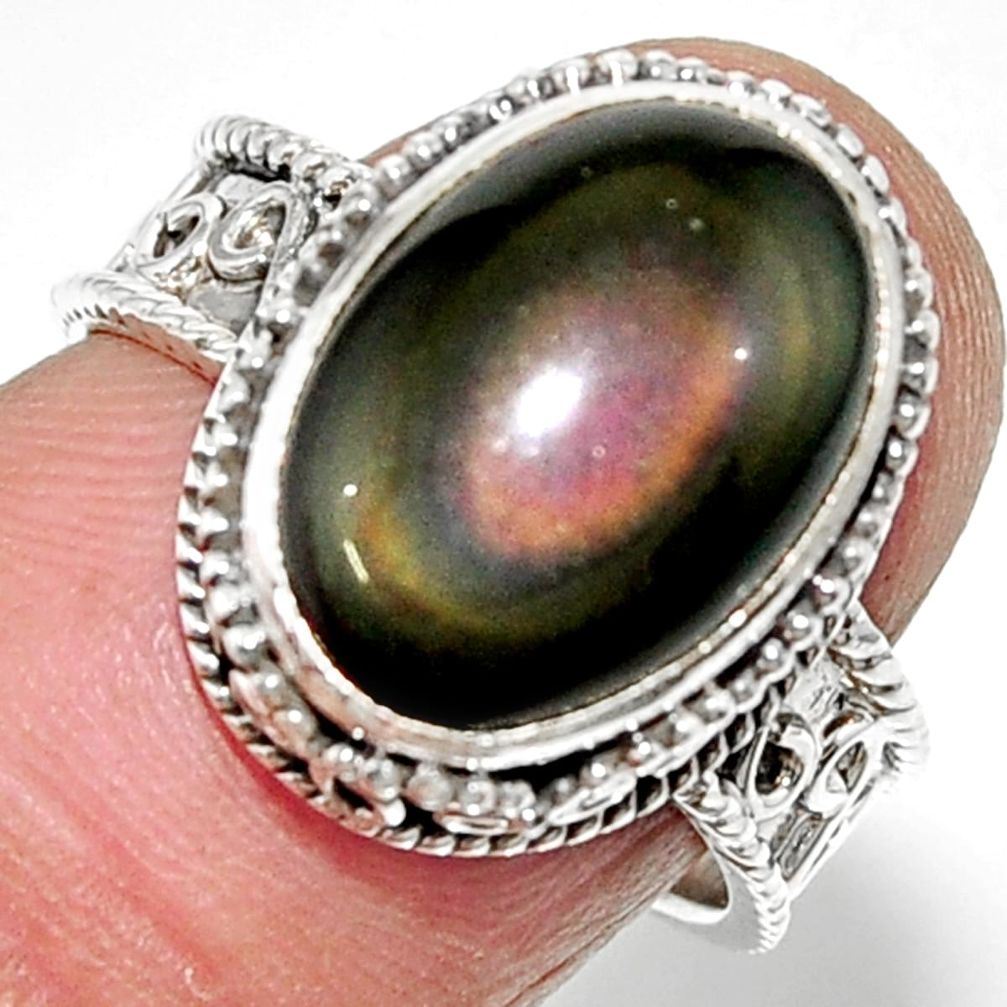6.80cts solitaire natural rainbow obsidian eye 925 silver ring size 7 r52003