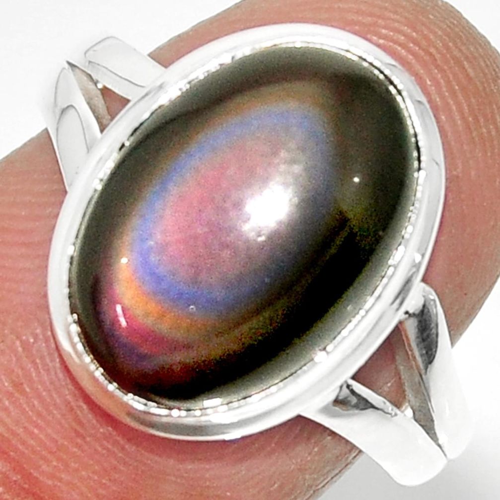 6.72cts solitaire natural rainbow obsidian eye 925 silver ring size 8 r51325