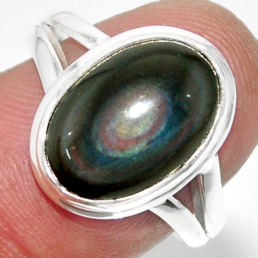 6.70cts solitaire natural rainbow obsidian eye 925 silver ring size 8 r51337