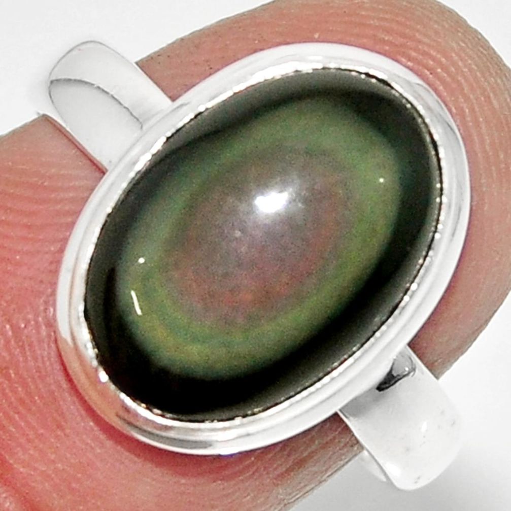 6.39cts solitaire natural rainbow obsidian eye 925 silver ring size 8 r51342