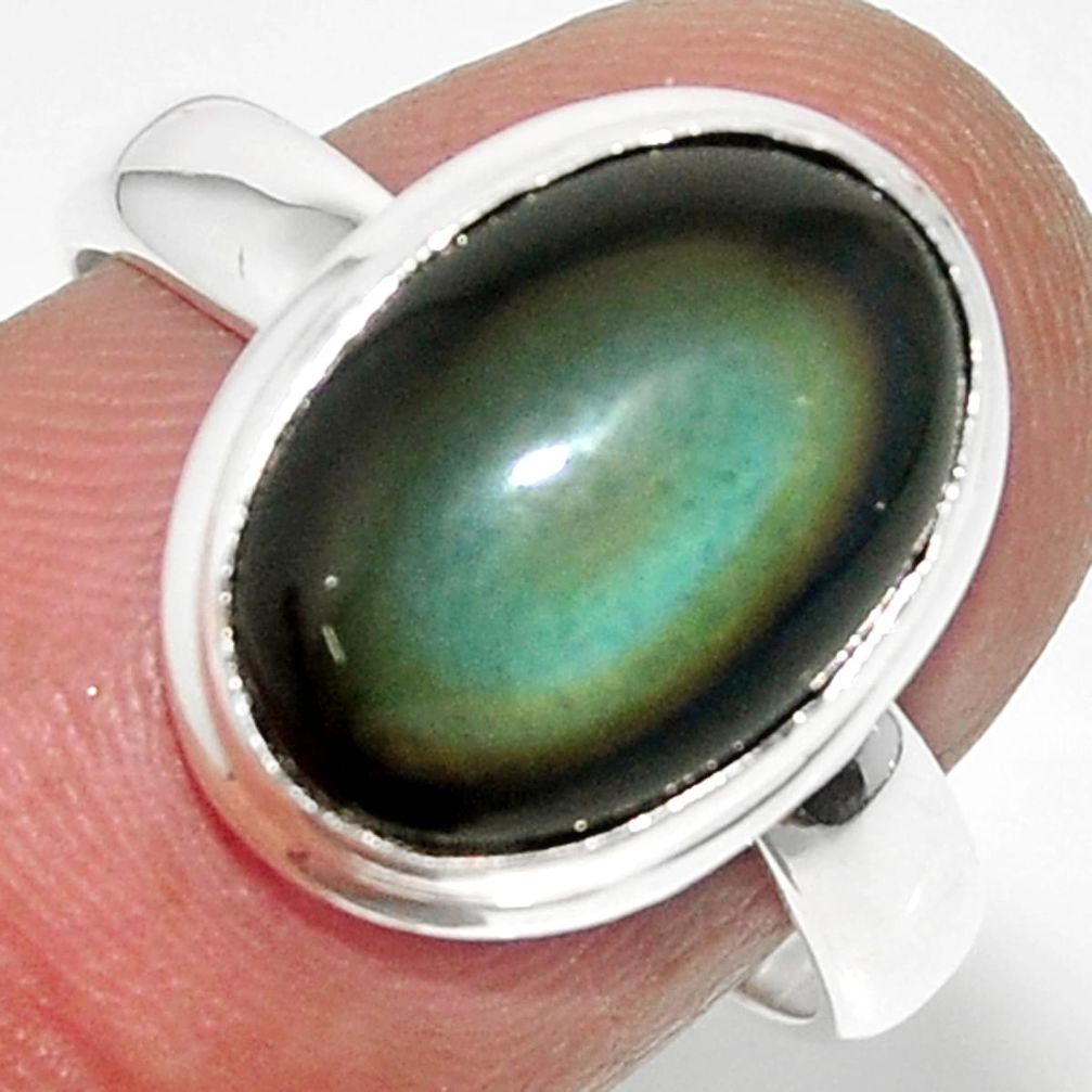 6.39cts solitaire natural rainbow obsidian eye 925 silver ring size 8 r51354
