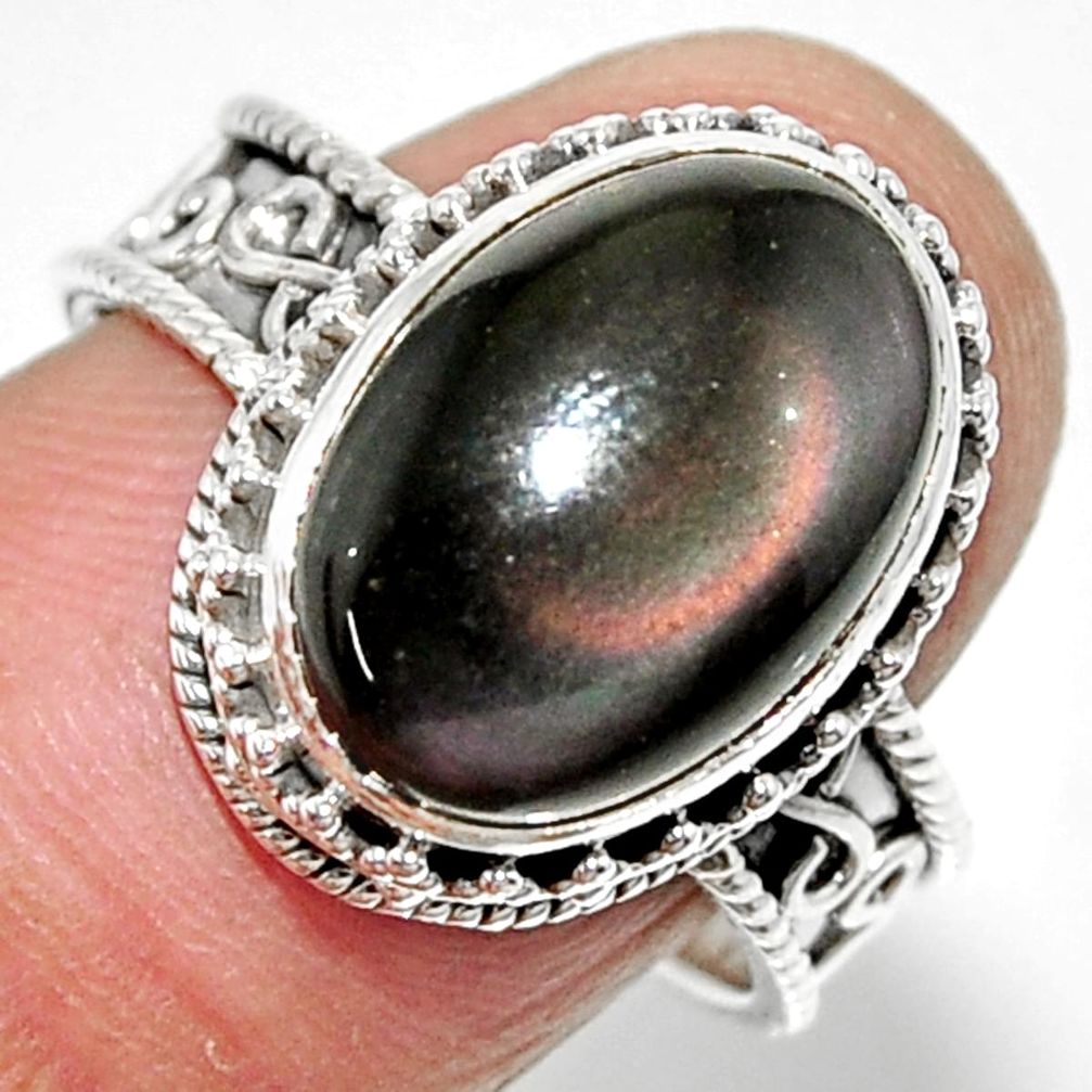 6.57cts solitaire natural rainbow obsidian eye 925 silver ring size 8 r52001