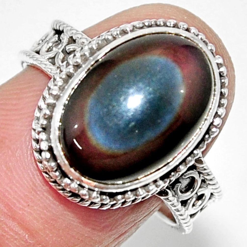 6.33cts solitaire natural rainbow obsidian eye 925 silver ring size 8 r52005