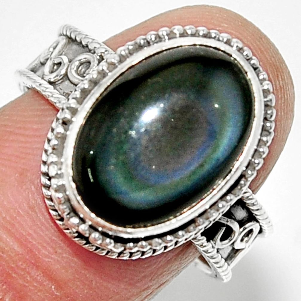 6.60cts solitaire natural rainbow obsidian eye 925 silver ring size 8 r52006
