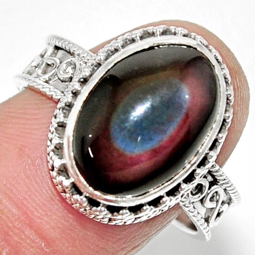 7.38cts solitaire natural rainbow obsidian eye 925 silver ring size 9 r52011