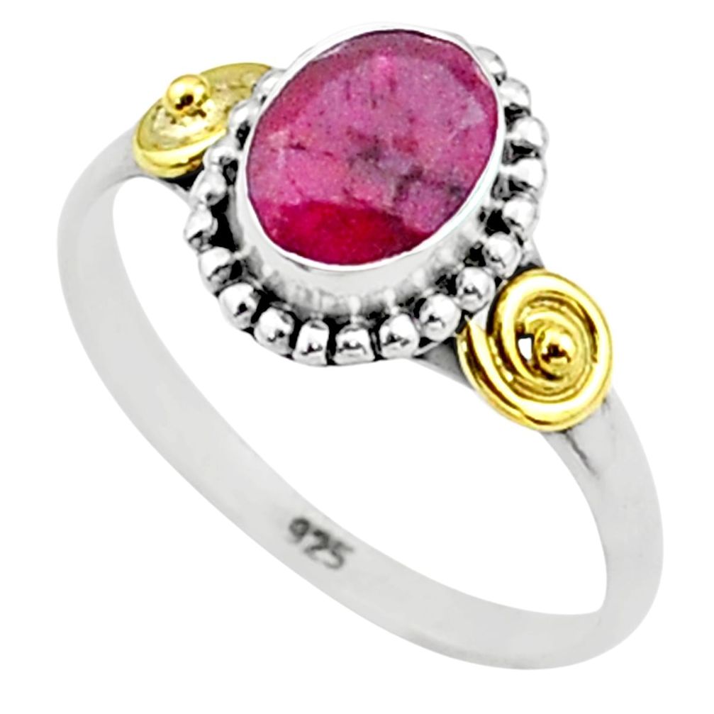 2.10cts solitaire natural red ruby oval 925 silver 14k gold ring size 7 t71775