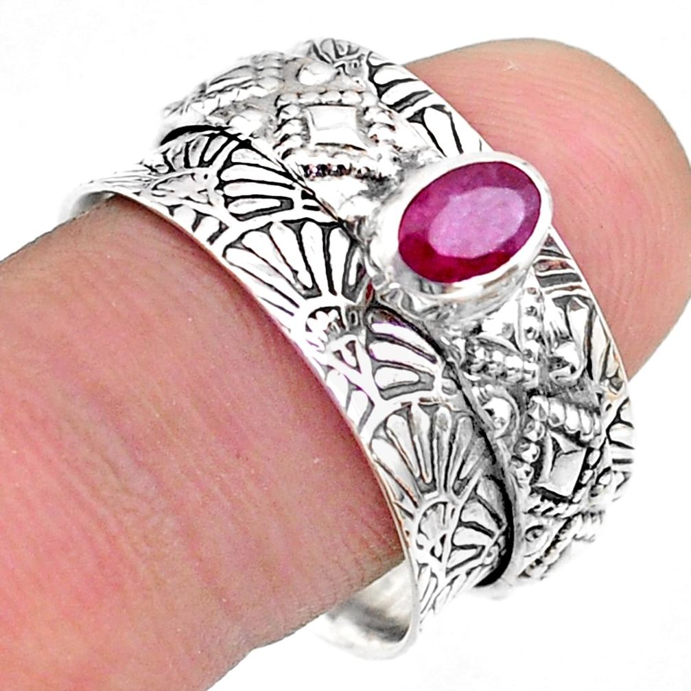 0.74cts solitaire natural red ruby oval 925 silver spinner ring size 8.5 t31449