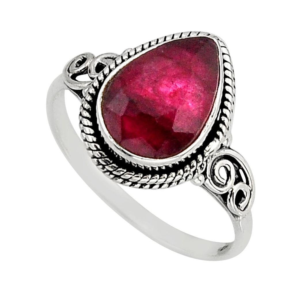 4.18cts solitaire natural red ruby pear 925 sterling silver ring size 8.5 y75001