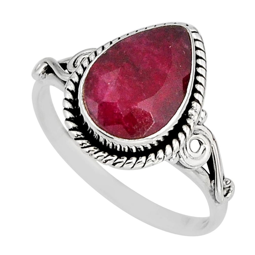 4.26cts solitaire natural red ruby pear shape silver ring jewelry size 8 y77033