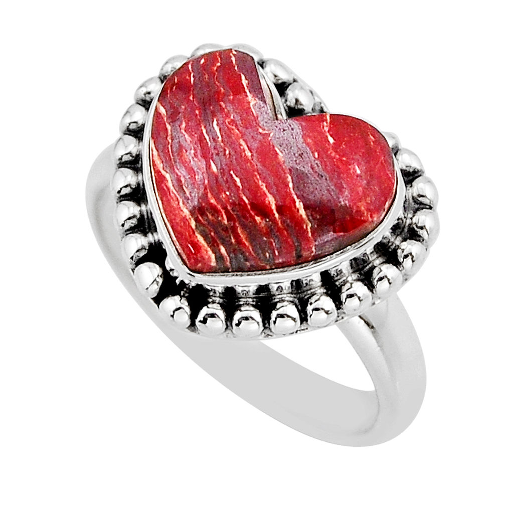 5.11cts solitaire natural red snakeskin jasper heart silver ring size 6.5 y64055