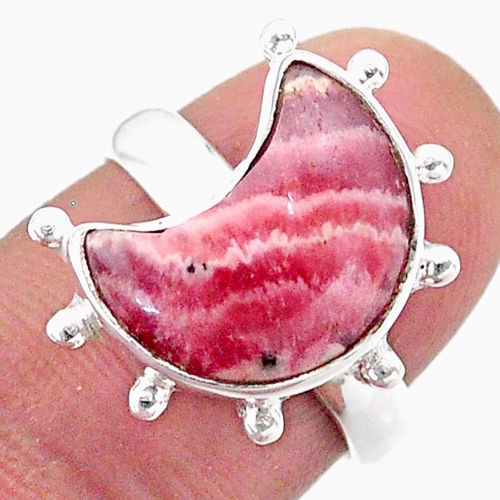 Solitaire natural rhodochrosite inca rose 925 silver moon ring size 7 t47840