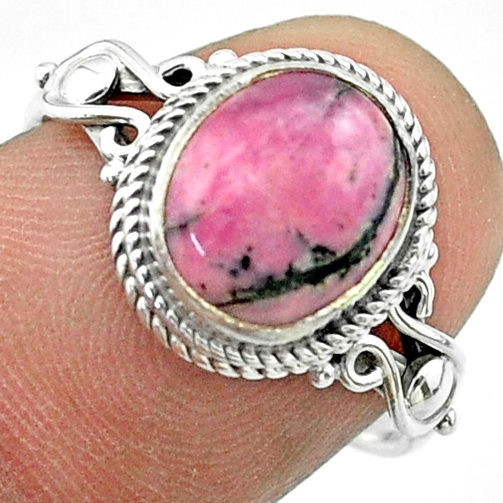 3.83cts solitaire natural rhodonite in black manganese silver ring size 8 t57441