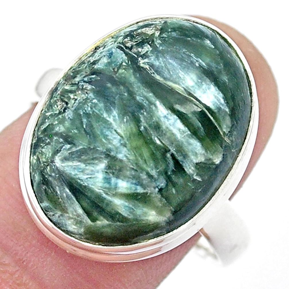 13.51cts solitaire natural seraphinite (russian) 925 silver cocktail ring size 9.5 u43876