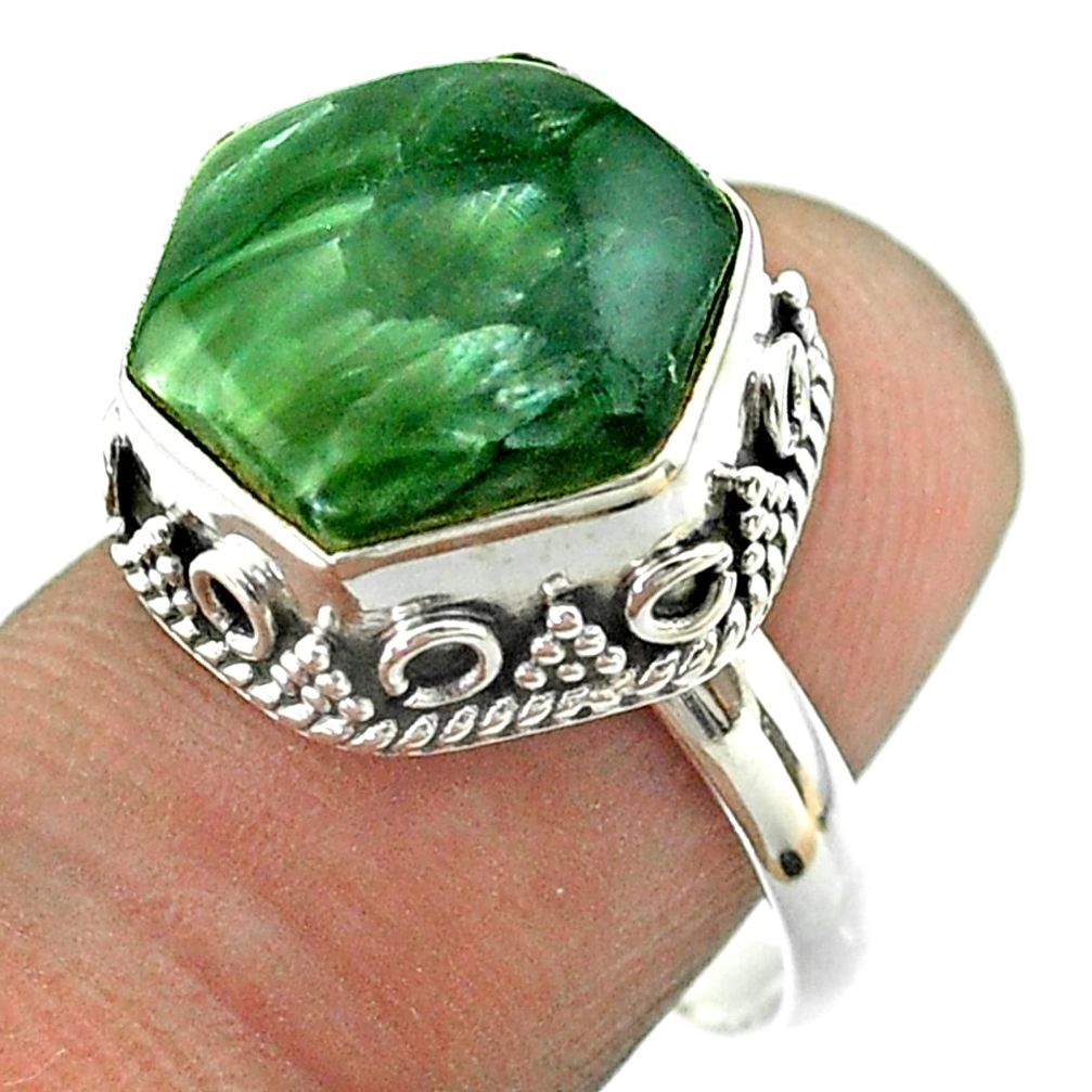 6.83cts solitaire natural seraphinite 925 silver hexagon ring size 7 t55889