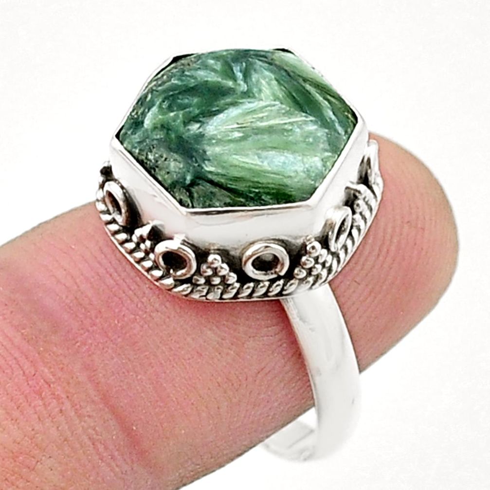 6.70cts solitaire natural seraphinite hexagon 925 silver ring size 7.5 d48063