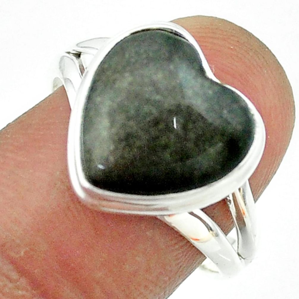 7.04cts solitaire natural sheen black obsidian heart silver ring size 8 t55067