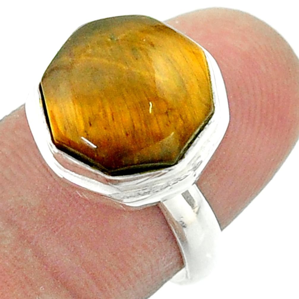 6.36cts solitaire natural tiger's eye 925 silver hexagon ring size 6.5 t55952