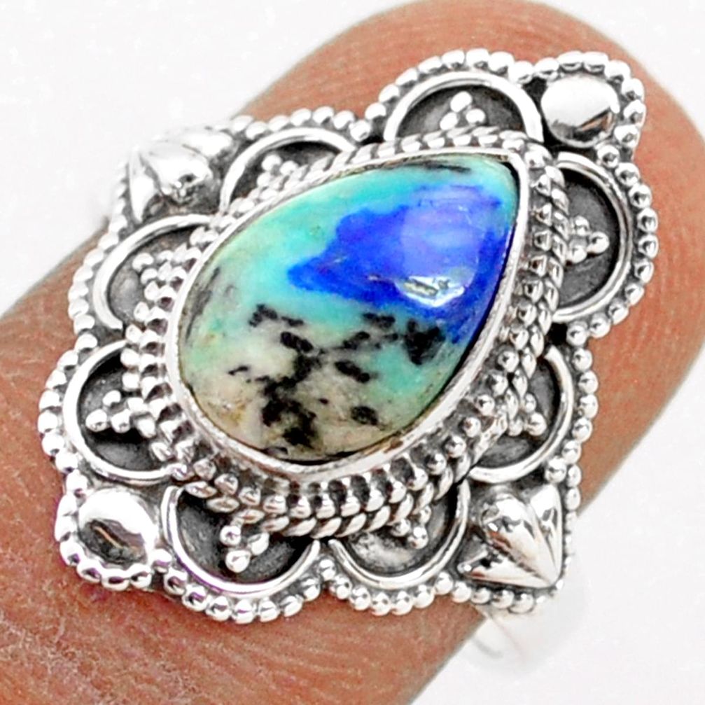 4.30cts solitaire natural turquoise azurite 925 silver ring size 7.5 t77049