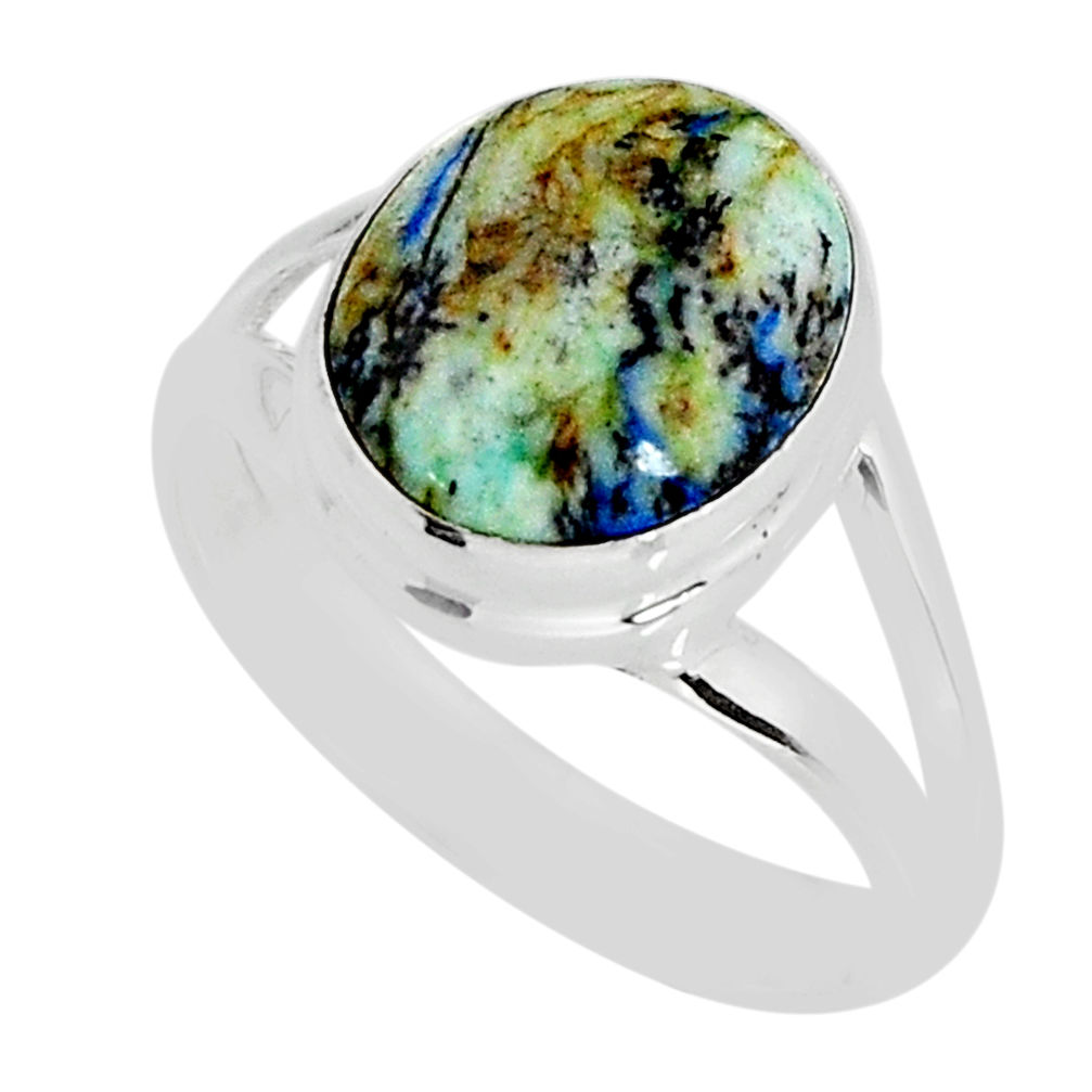 5.10cts solitaire natural turquoise azurite oval 925 silver ring size 8.5 y77364